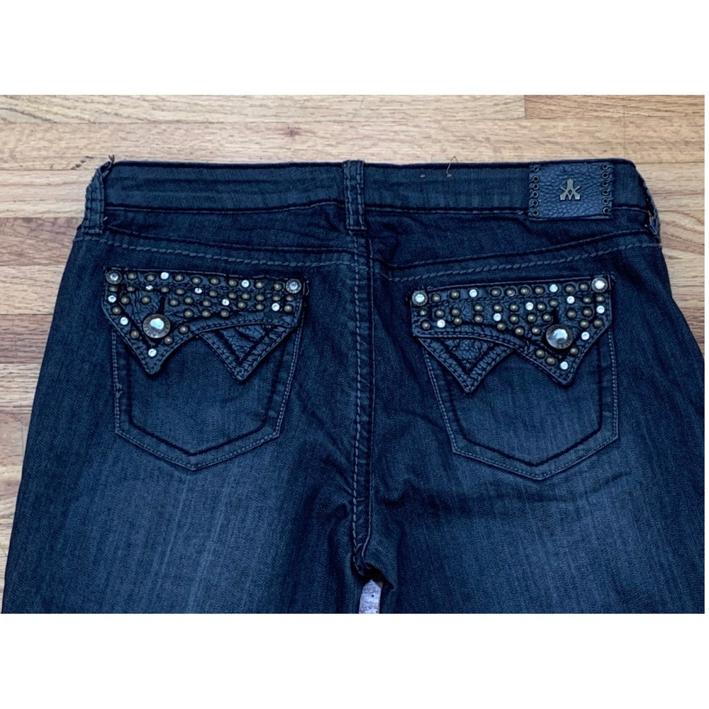 Antique Rivet Moto Studded Rhinestone Bootcut Jeans Black Size 13/32 Stretch